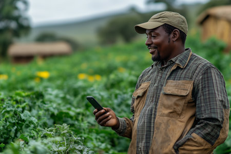 Smiling farmer using smartphone in green vegetable field during cloudy dayの素材