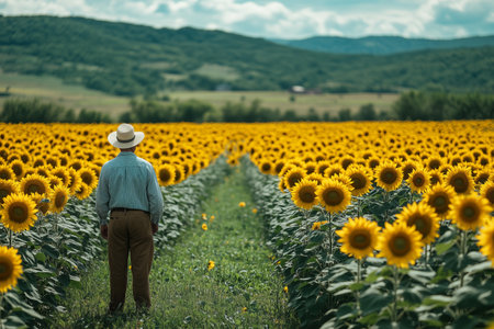 A person stands among vibrant sunflowers in a rural field on a sunny day in summerの素材