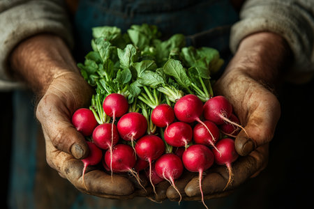 Freshly harvested radishes held in weathered hands, showcasing rural agriculture and the bounty of the earthの素材