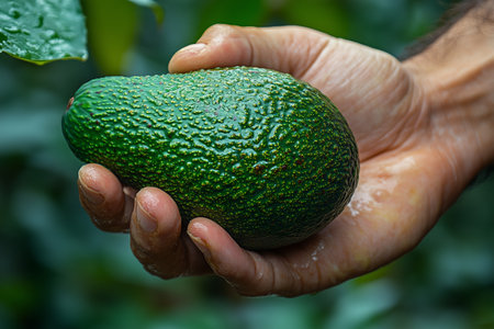 Hand holding a ripe avocado surrounded by lush green foliageの素材