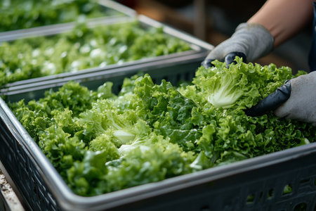 Worker harvesting fresh lettuce in a produce facility during the daytimeの素材