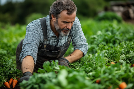 Farmer harvesting carrots in a lush green field during midday, showcasing sustainable agriculture practicesの素材