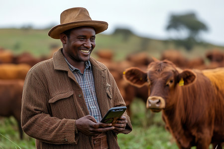 Farmer using a smartphone while smiling amidst a herd of cattle on a lush farm during daylightの素材