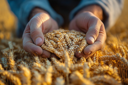 A farmer holds a handful of wheat in a golden field during sunset, showcasing the richness of the harvestの素材
