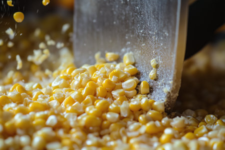 Yellow corn kernels being cut and processed in a kitchen during food preparationの素材