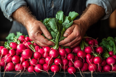 Farmer handling freshly harvested radishes at a market stall in the early morning lightの素材