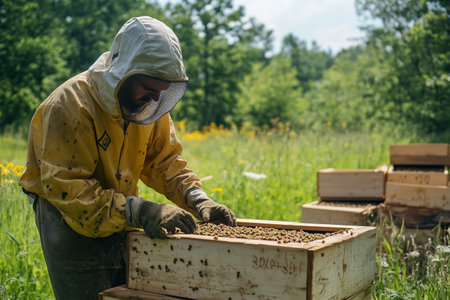 Beekeeper inspects hive boxes in a lush green field during summerの素材