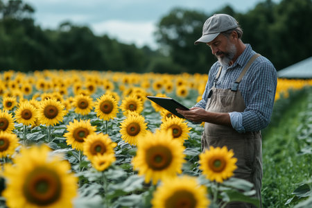 Farmer examining sunflowers in a field with a tablet during a cloudy afternoonの素材