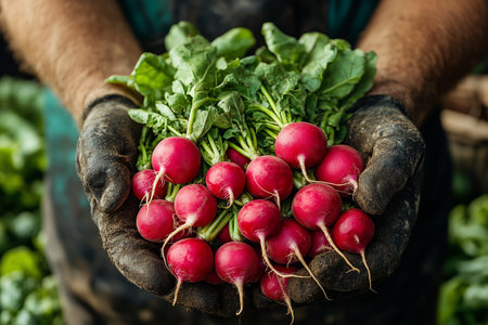 Freshly harvested radishes held by a farmer in a lush garden setting during daylightの素材