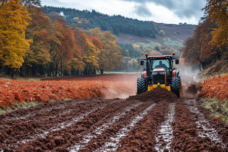 Tractor plowing a muddy field surrounded by autumn foliage in a rural landscapeの素材