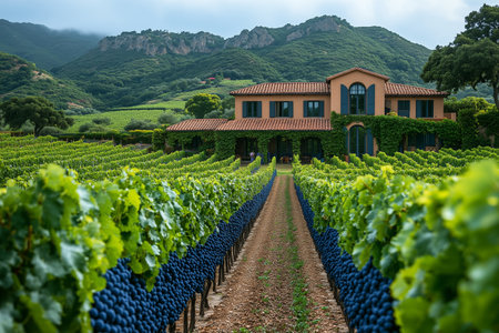 A sunlit vineyard with ripe grapes and a rustic villa in the background during late summerの素材