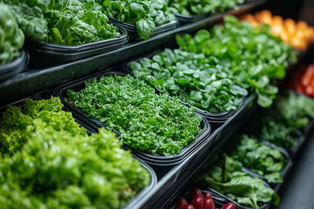 Fresh greens arranged neatly on display in a grocery store during the morning hoursの素材