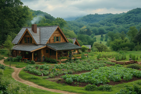 A charming wooden house surrounded by lush gardens and rolling hills during a cloudy afternoonの素材