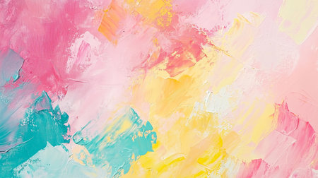Colorful abstract painting with soft pink, yellow, and turquoise hues on textured canvasの素材