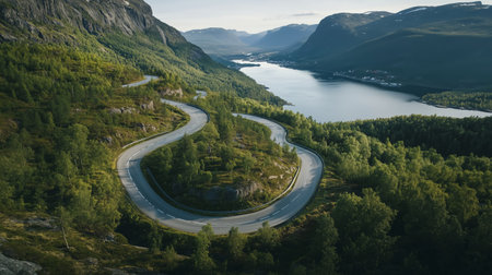 Winding road along a serene river valley at sunset in a mountainous areaの素材