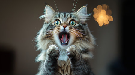 A surprised fluffy cat with wide eyes and an open mouth, sitting indoors with festive lights in the background during the eveningの素材