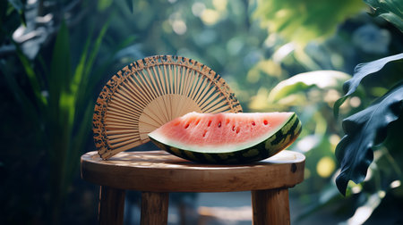 A slice of watermelon and a traditional fan arranged on a wooden stool surrounded by lush greenery during daylightの素材