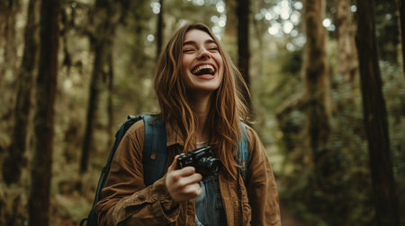 A young woman joyfully explores a forest while holding a camera in her hands during a sunny dayの素材