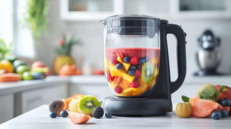 Colorful fruit smoothie preparation in a bright kitchen with various fruits on the counterの素材