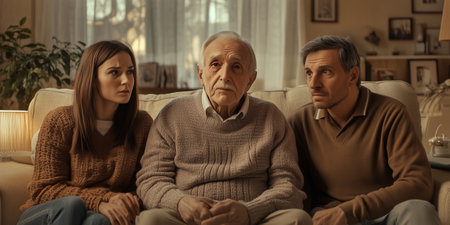 Family gathered with concern as elder man shares important news in cozy living room settingの素材