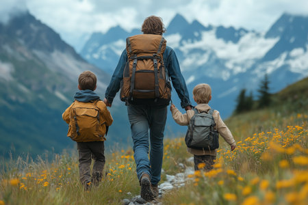 Family hiking through a mountain trail surrounded by wildflowers on a cloudy dayの素材