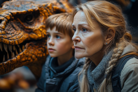 Woman and child admire a lifelike dinosaur model in a natural history museum during a family outingの素材
