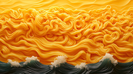 A vibrant sunset scene over a sea of swirling pasta wavesの素材