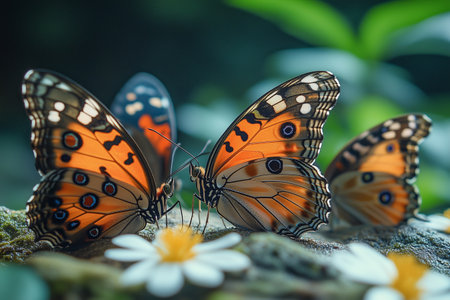 Colorful butterflies gathering on flowers in a tranquil garden during the afternoonの素材