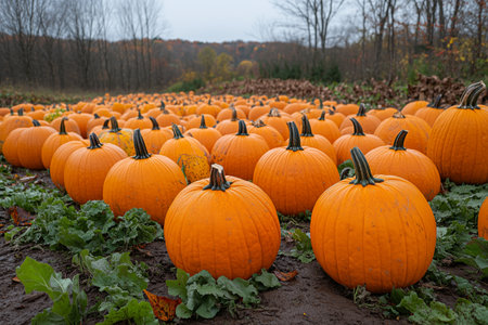 A vibrant pumpkin patch in autumn with rows of pumpkins ready for harvest on a cloudy dayの素材