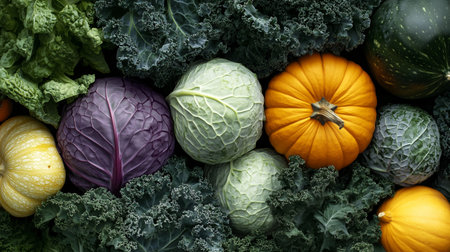 Colorful assortment of fresh vegetables including cabbage, kale, and pumpkin arranged neatly on a green backdropの素材
