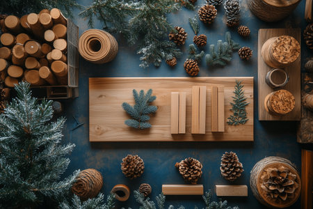 Wooden tabletop arrangement with natural elements featuring pine cones, greenery, and wooden blocksの素材
