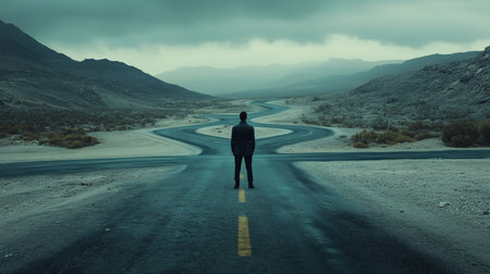 A lone figure standing at a crossroads in a desolate landscape under a moody skyの素材