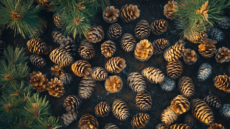 Pine cones scattered on forest ground surrounded by green pine foliage in autumn lightの素材