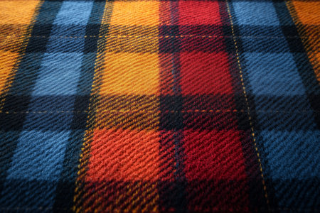 Vibrant plaid fabric with a mix of red, yellow, and blue colors draped over a surfaceの素材