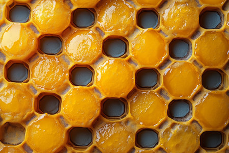 Honeycomb filled with golden honey in a beekeeping apiary during daytimeの素材