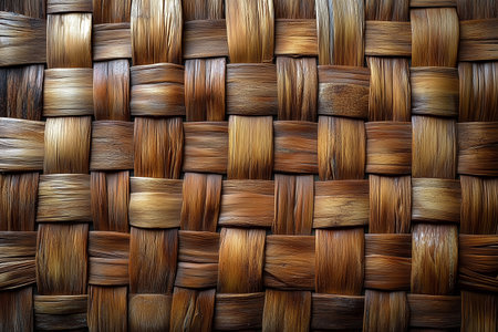 Close-up view of intricately woven natural fibers in warm brown tones capturing texture and craftsmanshipの素材