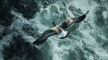 A single bird soaring above turbulent ocean waves during daylightの素材