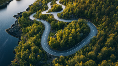 Winding road through a lush forest by a serene lake in the early morning lightの素材