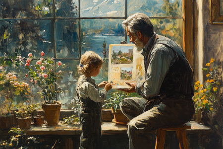 Grandfather teaches a child to paint while surrounded by nature in a cozy cabin during daylightの素材
