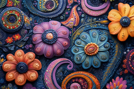 Colorful decorative flowers crafted from clay arranged artistically on a dark backgroundの素材