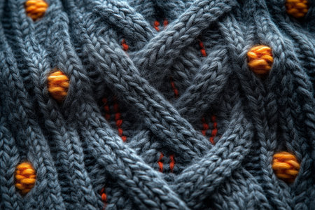 Detailed close-up of a knitted cable pattern featuring orange accents on a gray sweaterの素材