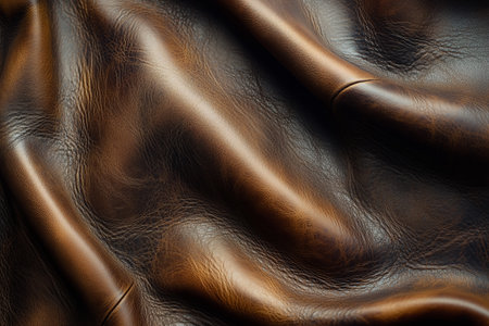 Close-up of rich brown leather showcasing texture and grain under soft lightingの素材