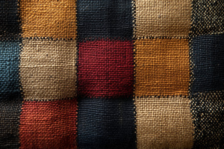 Colorful woven textile featuring a patchwork pattern in a grid layout displayed against a neutral backgroundの素材