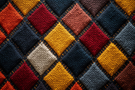 Colorful quilted textile with diamond patterns in rich hues displayed flatの素材