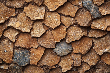 Close-up of textured cracked earth showcasing rich, earthy tones in a sun-drenched desert environmentの素材