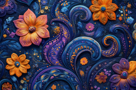 Colorful floral designs with intricate patterns on a dark backgroundの素材