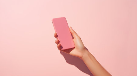 A hand holding a pink smartphone against a soft pink background in bright lightingの素材