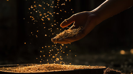 Hand pouring grains into a wooden container during golden hourの素材