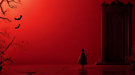 A child stands before a mysterious door under a blood-red sky at dusk, bats flying overhead in a haunting landscapeの素材