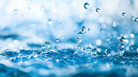 Close-up of water droplets splashing on the surface, illuminated by soft lightの素材